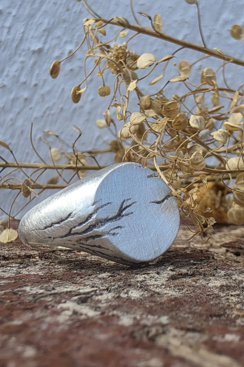 Primo piano dell'anello Runar in argento con superficie satinata e incisioni artigianali, appoggiato su un piano in legno con fiori secchi.