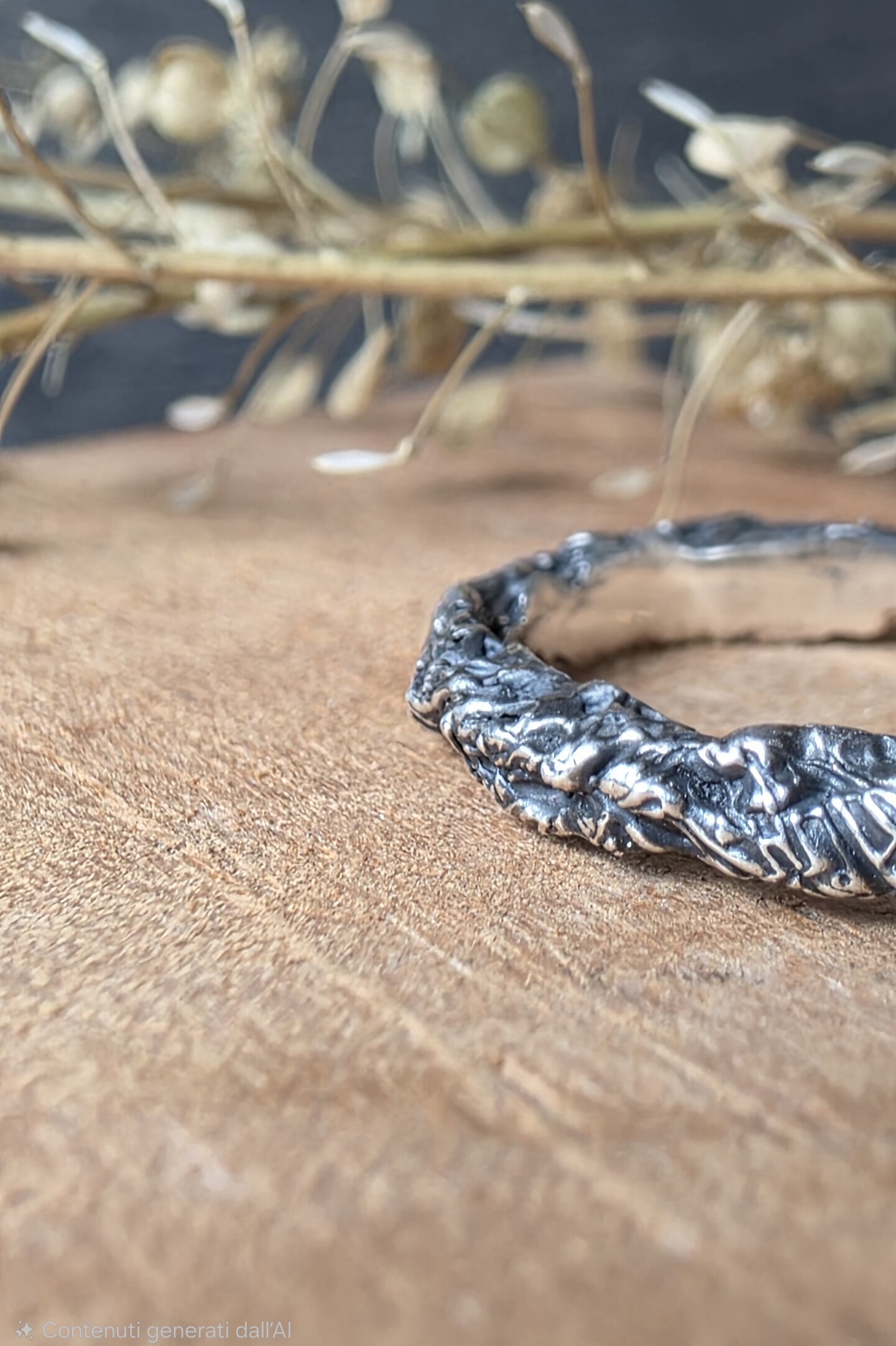 Prospettiva anello argento 925 brunito con texture materica ispirata alla roccia.