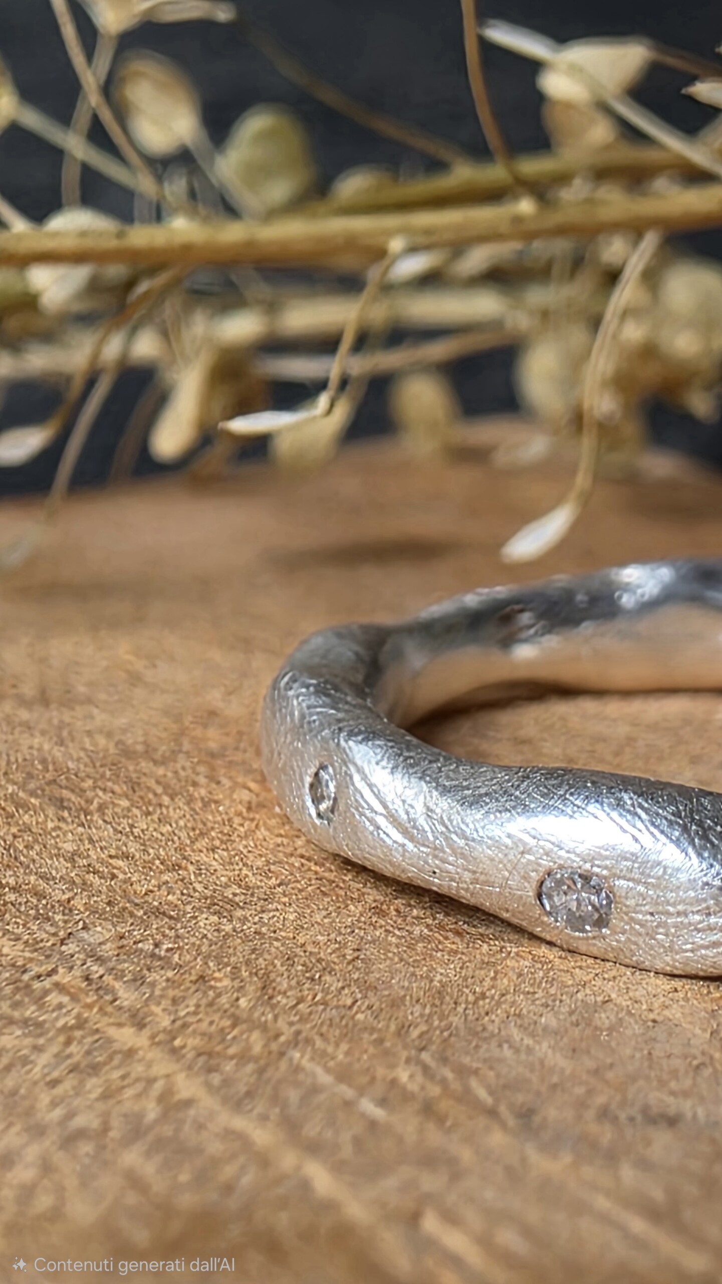 Dettaglio ravvicinato di diamanti naturali incastonati su anello in argento martellato artigianale Collezione Caleidos.